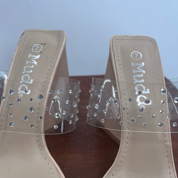 MUDD Y2K Clear Rhinestone Nude Clear Square Toe Chunky Heels Womens 7 - Picture 6 of 11